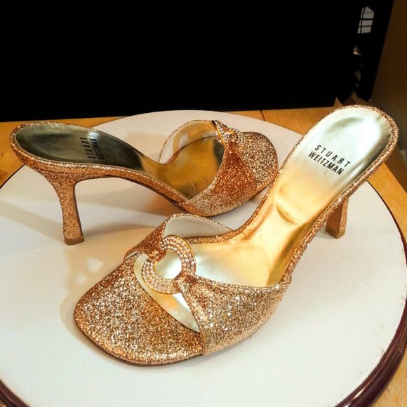 Stuart Weitzman x Swarovski rhinestone gold glitter 3.75" heel slide sandals sz7 - Picture 8 of 9